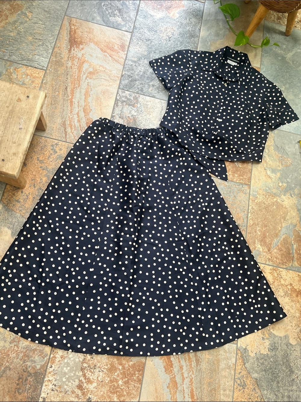 Donna Morgan Navy and White Polka Dot A-Line Midi Skirt and top silk set